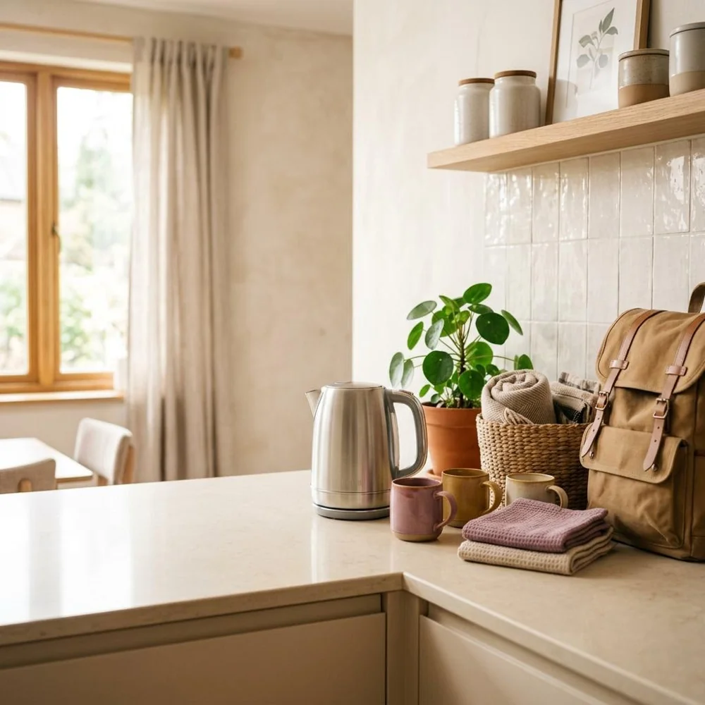 A bright market display of everyday home, kitchen and travel goods