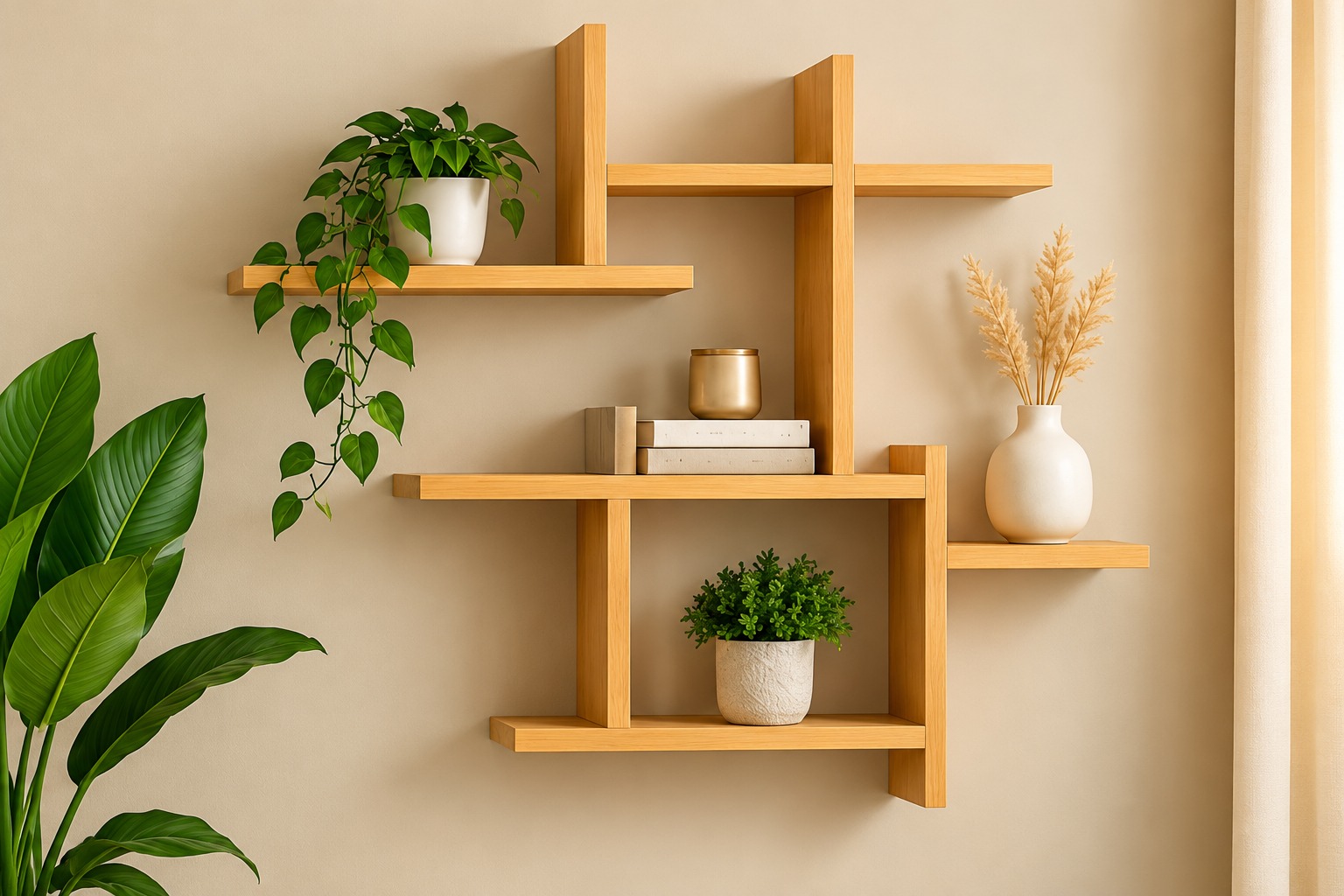 Equilibre Nature – Modern Geometric Wooden Wall Shelf | Floating Wall Display Organizer